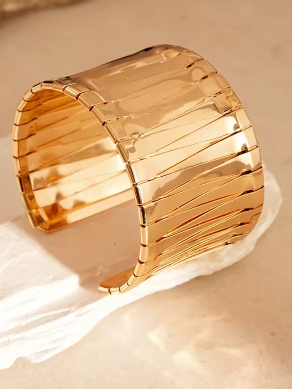 Gold Ribbed Wide Cuff Bracelet